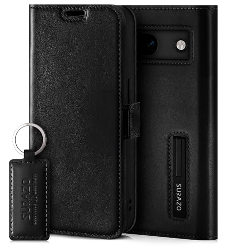 SURAZO Slim Magnet Handyhülle für Google Pixel 8a Hülle Leder – Klappbar Echtleder Schutzhülle [mit Kartenfach, RFID Schutz, Keyring] Klapphülle Wallet Case Cover Lederhülle (Schwarz) von SURAZO