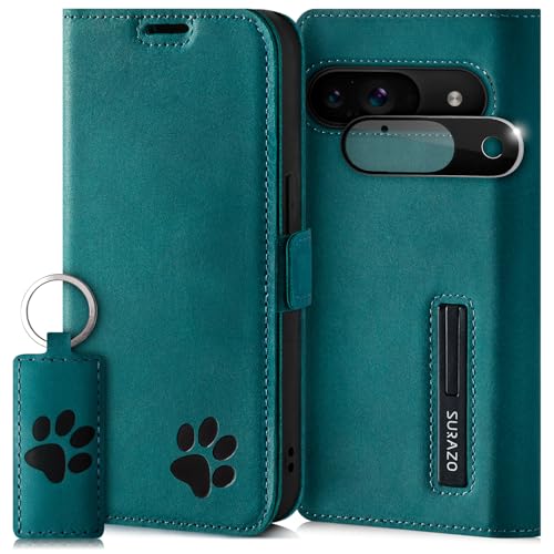 SURAZO Slim Magnet Handyhülle für Google Pixel 9 5G Hülle Leder Echtleder Schutzhülle mit Pfote Motiv RFID Klapphülle [Standfunktion, Kartenfach, Kameraschutz Glas] Flip Cover Case Lederhülle Türkis von SURAZO