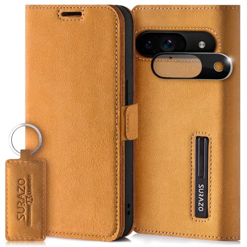 SURAZO Slim Magnet Handyhülle für Google Pixel 9 Hülle Leder - Klappbar Echtleder Schutzhülle [mit Kartenfach, RFID Schutz, Kameraschutz] Flip Klapphülle Wallet Case Cover Echt Lederhülle (Camel) von SURAZO