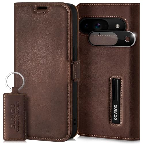 SURAZO Slim Magnet Handyhülle für Google Pixel 9 Hülle Leder - Klappbar Echtleder Schutzhülle [mit Kartenfach, RFID Schutz, Kameraschutz] Flip Klapphülle Wallet Case Cover Echt Lederhülle (Nussbraun) von SURAZO