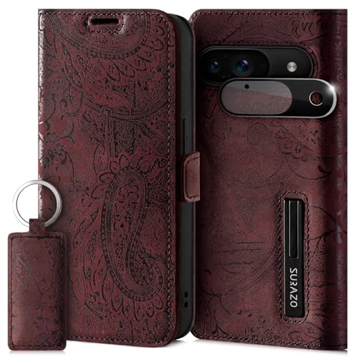 SURAZO Slim Magnet Handyhülle für Google Pixel 9 Hülle Leder Klappbar Echtleder Schutzhülle [mit Kartenfach, RFID Schutz, Kameraschutz] [Muster] Klapphülle Wallet Case Cover Echt Lederhülle (Burgund) von SURAZO