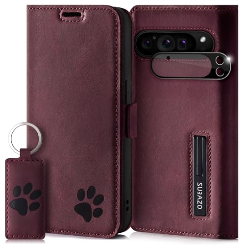 SURAZO Slim Magnet Handyhülle für Google Pixel 9 Pro 5G Hülle Leder Echtleder Schutzhülle mit Pfote Motiv RFID Klapphülle [Standfunktion, Kartenfach, Kameraschutz] Flip Cover Case Lederhülle Burgund von SURAZO