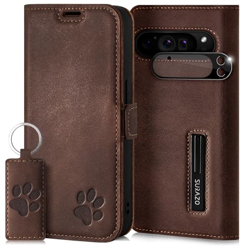 SURAZO Slim Magnet Handyhülle für Google Pixel 9 Pro XL Hülle Leder Echtleder Schutzhülle mit Pfote Motiv – RFID Klapphülle [Standfunktion, Kartenfach, Kameraschutz] Flip Cover Case Lederhülle Braun von SURAZO