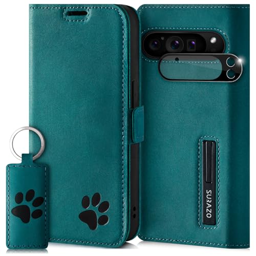 SURAZO Slim Magnet Handyhülle für Google Pixel 9 Pro XL Hülle Leder Echtleder Schutzhülle mit Pfote Motiv – RFID Klapphülle [Standfunktion, Kartenfach, Kameraschutz] Flip Cover Case Lederhülle Türkis von SURAZO
