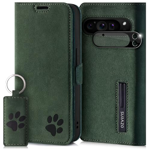 SURAZO Slim Magnet Handyhülle für Google Pixel 9 Pro XL Hülle Leder Echtleder Schutzhülle mit Pfote Motiv RFID Klapphülle [Standfunktion, Kartenfach, Kameraschutz] Flip Cover Case Lederhülle Grün von SURAZO