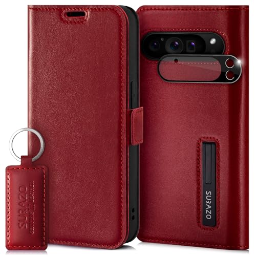 SURAZO Slim Magnet Handyhülle für Google Pixel 9 Pro XL Hülle Leder - Klappbar Echtleder Schutzhülle [Kartenfach, RFID Schutz, Kameraschutz] Flip Klapphülle Wallet Case Cover Lederhülle (Costa Rot) von SURAZO