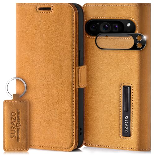 SURAZO Slim Magnet Handyhülle für Google Pixel 9 Pro XL Hülle Leder - Klappbar Echtleder Schutzhülle [mit Kartenfach, RFID Schutz, Kameraschutz] Flip Klapphülle Wallet Case Cover Lederhülle (Camel) von SURAZO