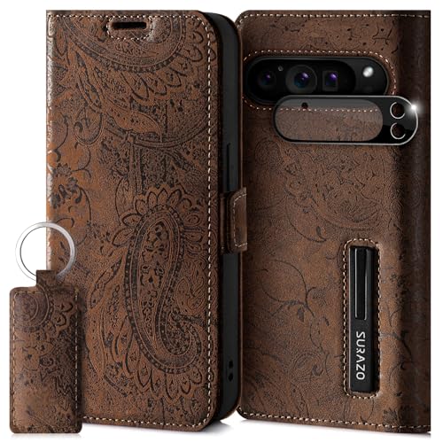 SURAZO Slim Magnet Handyhülle für Google Pixel 9 Pro XL Hülle Leder Klappbar Echtleder Schutzhülle [mit Kartenfach, RFID Schutz, Kameraschutz] [Muster] Klapphülle Wallet Case Cover Lederhülle (Braun) von SURAZO