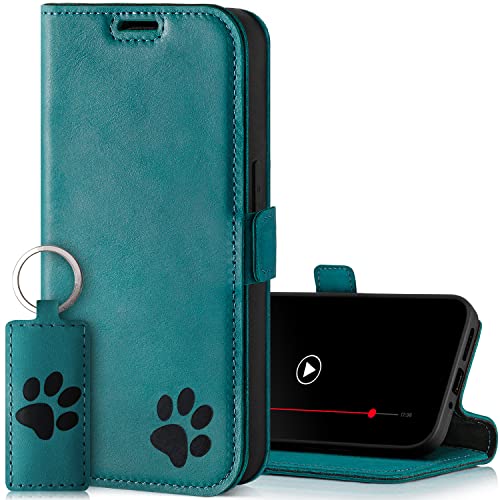 SURAZO Slim Magnet Handyhülle für Samsung Galaxy A15 Hülle Leder – Echtleder Schutzhülle Pfote Motiv – RFID Klapphülle [Standfunktion, Kartenfach] Flip Cover Case Lederhülle (Türkis) von SURAZO