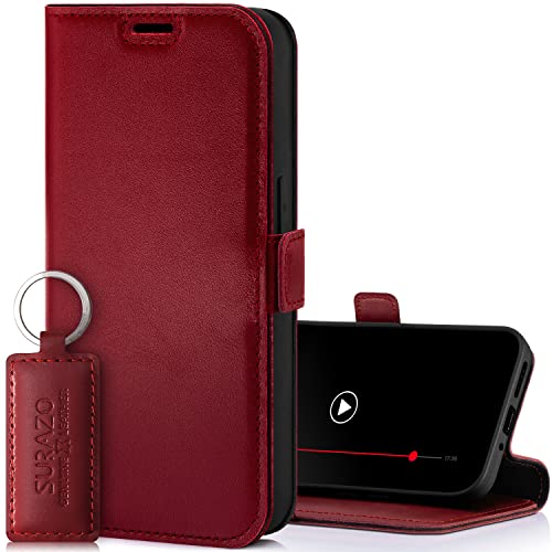 SURAZO Slim Magnet Handyhülle für Samsung Galaxy A15 Hülle Leder – Klappbar Echtleder Schutzhülle [mit Kartenfach, RFID Schutz] Flip Klapphülle Wallet Case Cover Lederhülle (Costa Rot) von SURAZO