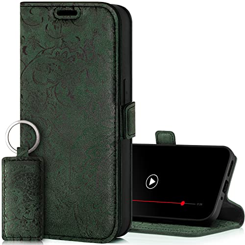 SURAZO Slim Magnet Handyhülle für Samsung Galaxy A25 Hülle Leder – Klappbar Echtleder Schutzhülle [Kartenfach, RFID Schutz, Blumenmuster] Klapphülle Wallet Case Cover Lederhülle (Grün) von SURAZO