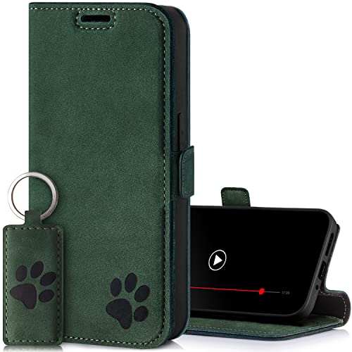SURAZO Slim Magnet Handyhülle für Samsung Galaxy A55 Hülle Leder – Echtleder Schutzhülle Pfote Motiv – RFID Klapphülle [Standfunktion, Kartenfach] Flip Cover Case Lederhülle (Dunkelgrün) von SURAZO