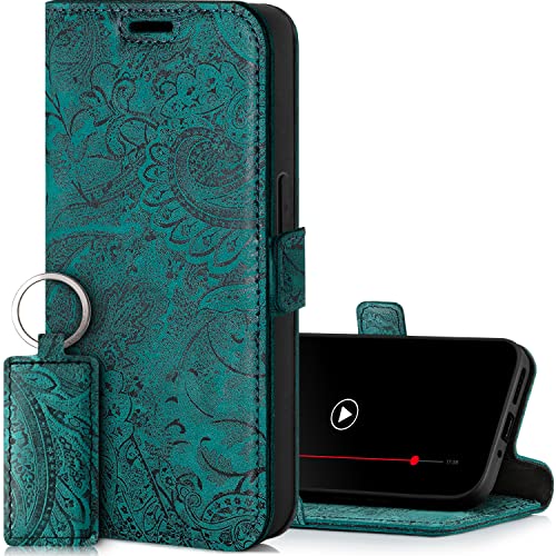 SURAZO Slim Magnet Handyhülle für Samsung Galaxy A55 Hülle Leder – Klappbar Echtleder Schutzhülle [Kartenfach, RFID Schutz, Blumenmuster] Klapphülle Wallet Case Cover Lederhülle (Türkis) von SURAZO