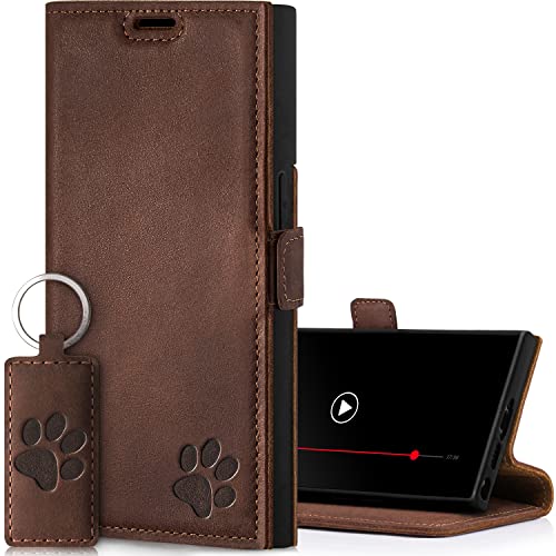 SURAZO Slim Magnet Handyhülle für Samsung Galaxy S23 Ultra Hülle Leder – Echtleder Schutzhülle mit Pfote Motiv – RFID Klapphülle [Standfunktion, Kartenfach] Flip Cover Case Lederhülle (Nussbraun) von SURAZO