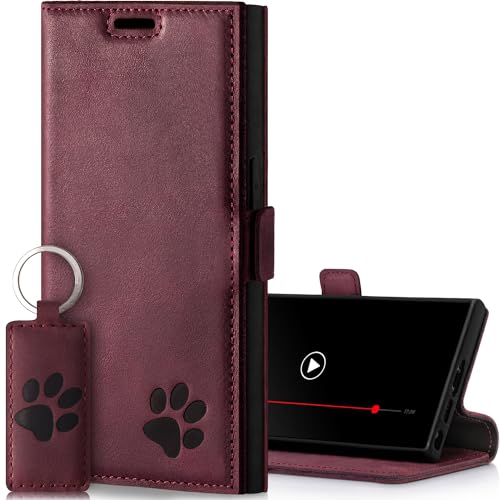 SURAZO Slim Magnet Handyhülle für Samsung Galaxy S24 Ultra Hülle Leder – Echtleder Schutzhülle mit Pfote Motiv – RFID Klapphülle [Standfunktion, Kartenfach] Flip Cover Case Lederhülle (Burgund) von SURAZO