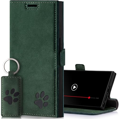 SURAZO Slim Magnet Handyhülle für Samsung Galaxy S24 Ultra Hülle Leder – Echtleder Schutzhülle mit Pfote Motiv – RFID Klapphülle [Standfunktion, Kartenfach] Flip Cover Case Lederhülle (Dunkelgrün) von SURAZO