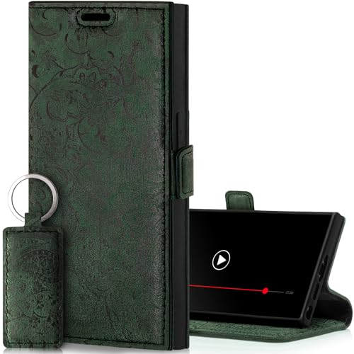 SURAZO Slim Magnet Handyhülle für Samsung Galaxy S24 Ultra Hülle Leder – Klappbare Echtleder Schutzhülle [Kartenfach, RFID Schutz, Blumenmuster] Flip Klapphülle Wallet Case Cover Lederhülle (Grün) von SURAZO