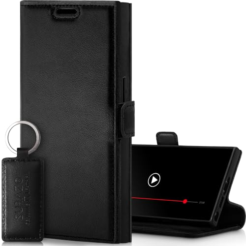 SURAZO Slim Magnet Handyhülle für Samsung Galaxy S24 Ultra Hülle Leder – Klappbare Echtleder Schutzhülle [Kartenfach, RFID Schutz, Keyring] Klapphülle Wallet Case Cover Lederhülle (Dakota Schwarz) von SURAZO