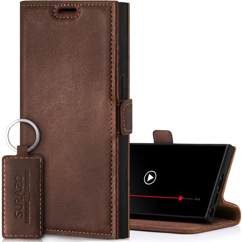 SURAZO Slim Magnet Handyhülle für Samsung Galaxy S24 Ultra Hülle Leder – Klappbare Echtleder Schutzhülle [Kartenfach, RFID Schutz] Flip Klapphülle Wallet Case Cover Lederhülle (Nussbraun) von SURAZO