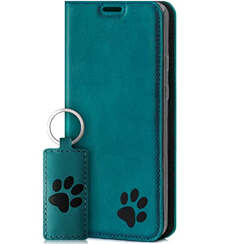 SURAZO Smart Magnet Handyhülle für Apple iPhone 12 Pro Max – Premium Echtleder Hülle mit Pfote Motiv - Klapphülle mit [Kartenfach, RFID Schutz] – Schutzhülle Wallet case Handmade in EU (Türkis) von SURAZO