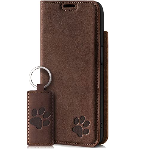SURAZO Smart Magnet Handyhülle für Apple iPhone 13 – Premium Echtleder Hülle mit Pfote Motiv – Klapphülle mit [Kartenfach & RFID Schutz] – Handmade Schutzhülle Wallet case (Nussbraun) von SURAZO