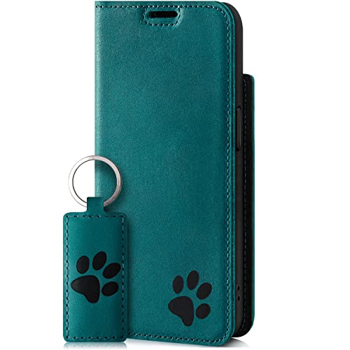 SURAZO Smart Magnet Handyhülle für Apple iPhone 13 – Premium Echtleder Hülle mit Pfote Motiv – Klapphülle mit [Kartenfach & RFID Schutz] – Handmade Schutzhülle Wallet case (Türkis) von SURAZO