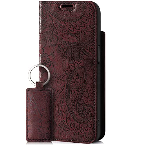 SURAZO Smart Magnet Handyhülle für Apple iPhone 13 Pro – Premium Echtleder Hülle Schutzhülle mit [Kartenfach, RFID Schutz, Blumenmuster] Klapphülle Wallet case Handmade in Europe (Burgund) von SURAZO
