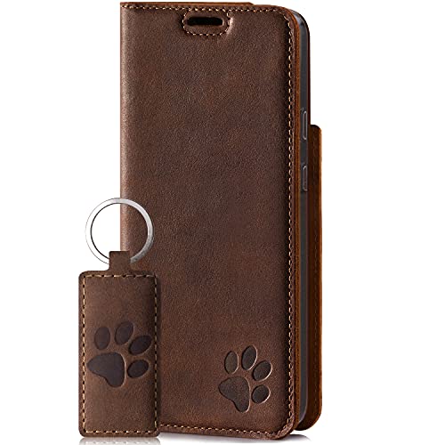 SURAZO Smart Magnet Handyhülle für Samsung Galaxy S21 Ultra 5G – Premium Echtleder Hülle mit Pfote Motiv - Klapphülle mit [Kartenfach, RFID Schutz] – Schutzhülle Wallet case Handmade in EU (Nussbraun) von SURAZO