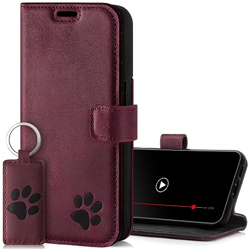 SURAZO Wallet Handyhülle für Apple iPhone 14 Pro Hülle Leder – Echtleder Schutzhülle mit Pfote Motiv – RFID Klapphülle [ Magnet, Standfunktion, Kartenfach ] Flip Cover Case Lederhülle (Burgund) von SURAZO
