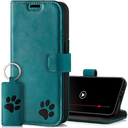 SURAZO Wallet Handyhülle für Apple iPhone 15 Hülle Leder – Echtleder Schutzhülle mit Pfote Motiv – RFID Klapphülle [ Magnet, Standfunktion, Kartenfach ] Flip Cover Case Lederhülle (Türkis) von SURAZO