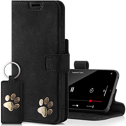 SURAZO Wallet Handyhülle für Apple iPhone 15 Pro Hülle Leder – Echtleder Schutzhülle mit Pfote Motiv – RFID Klapphülle [ Magnet, Standfunktion, Kartenfach ] Flip Cover Case Lederhülle (Nubuk Schwarz) von SURAZO