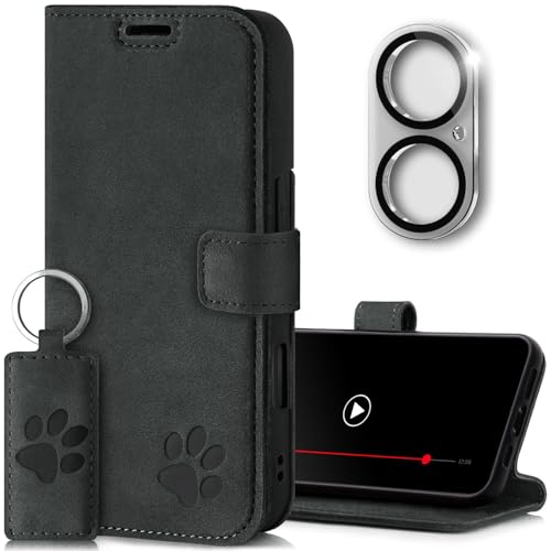 SURAZO Wallet Handyhülle für Apple iPhone 16 Hülle Leder – Echtleder Schutzhülle mit Pfote Motiv – RFID Klapphülle [Magnet, Standfunktion, Kartenfach, Kameraschutz] Flip Cover Case Lederhülle Grau von SURAZO
