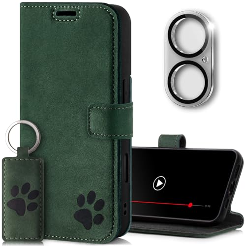 SURAZO Wallet Handyhülle für Apple iPhone 16 Hülle Leder – Echtleder Schutzhülle mit Pfote Motiv – RFID Klapphülle [Magnet, Standfunktion, Kartenfach, Kameraschutz] Flip Cover Case Lederhülle Grün von SURAZO
