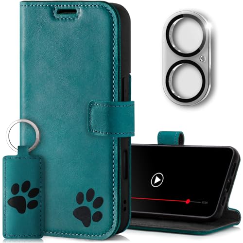 SURAZO Wallet Handyhülle für Apple iPhone 16 Hülle Leder – Echtleder Schutzhülle mit Pfote Motiv – RFID Klapphülle [Magnet, Standfunktion, Kartenfach, Kameraschutz] Flip Cover Case Lederhülle Türkis von SURAZO