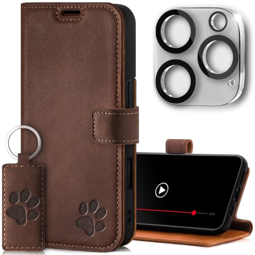 SURAZO Wallet Handyhülle für Apple iPhone 16 Pro Hülle Leder – Echtleder Schutzhülle mit Pfote Motiv – RFID Klapphülle [Magnet, Standfunktion, Kartenfach, Kameraschutz] Flip Cover Case Lederhülle von SURAZO