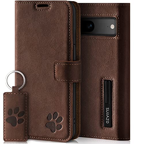 SURAZO Wallet Handyhülle für Google Pixel 8 Hülle Leder – Echtleder Schutzhülle mit Pfote Motiv – RFID Klapphülle [ Magnet, Standfunktion, Kartenfach ] Flip Cover Case Lederhülle (Nussbraun) von SURAZO