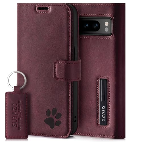 SURAZO Wallet Handyhülle für Google Pixel 8 Pro Hülle Leder – Echtleder Schutzhülle mit Pfote Motiv – RFID Klapphülle [ Magnet, Standfunktion, Kartenfach ] Flip Cover Case Lederhülle (Burgund) von SURAZO