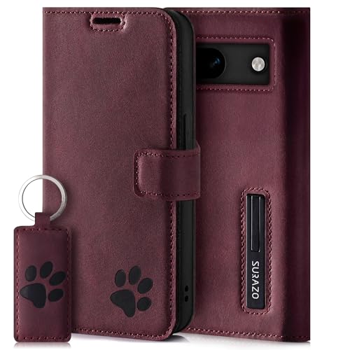 SURAZO Wallet Handyhülle für Google Pixel 8a Hülle Leder – Echtleder Schutzhülle mit Pfote Motiv – RFID Klapphülle [ Magnet, Standfunktion, Kartenfach ] Flip Cover Case Lederhülle (Burgund) von SURAZO