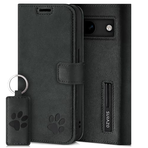 SURAZO Wallet Handyhülle für Google Pixel 8a Hülle Leder – Echtleder Schutzhülle mit Pfote Motiv – RFID Klapphülle [ Magnet, Standfunktion, Kartenfach ] Flip Cover Case Lederhülle (Dunkelgrau) von SURAZO