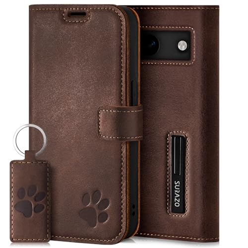 SURAZO Wallet Handyhülle für Google Pixel 8a Hülle Leder – Echtleder Schutzhülle mit Pfote Motiv – RFID Klapphülle [ Magnet, Standfunktion, Kartenfach ] Flip Cover Case Lederhülle (Nussbraun) von SURAZO