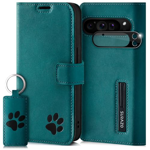 SURAZO Wallet Handyhülle für Google Pixel 9 Pro XL Hülle Leder – Echtleder Schutzhülle mit Pfote Motiv – RFID Klapphülle [Magnet, Standfunktion, Kartenfach, Kameraschutz] Flip Cover Case Lederhülle von SURAZO