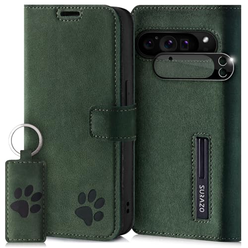 SURAZO Wallet Handyhülle für Google Pixel 9 Pro XL Hülle Leder – Echtleder Schutzhülle mit Pfote Motiv – RFID Klapphülle [Magnet, Standfunktion, Kartenfach, Kameraschutz] Flip Cover Case Lederhülle von SURAZO