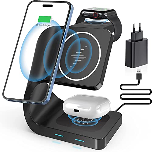 3 in 1 Wireless Charger, Magnetische Kabelloses ladestation, Induktive Ladegerät Kompatibel für iPhone 14/ pro/max/13/ pro/Mini/iPhone 12, für AirPods 3/2/pro, für iWatch 7/6/5/4/3, More Qi Phones von SURFOU