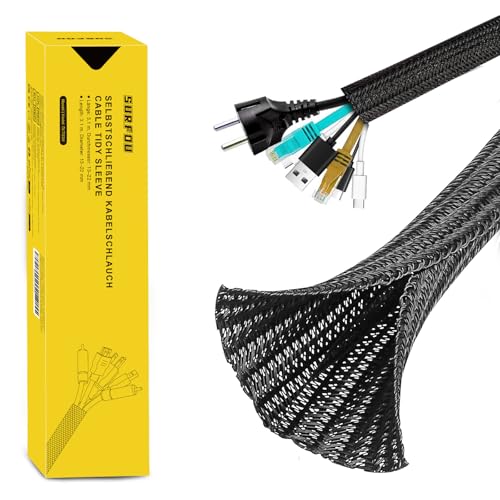 SURFOU Kabelschlauch Schwarz 3.1m X 13mm, Kabelschutz Kabelkanal Flexibel Schreibtisch, Kabel Sleeve Kabelschutzschlauch, Cable Sleeves Kabelummantelung Selbstschließend Schlauch Schutzschlauch von SURFOU