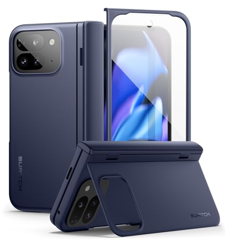 SURITCH Hülle Kompatibel mit Google Pixel 9 Pro Fold Handyhülle mit Ständer & Scharnierabdeckung & Displayschutzfolie Schlanke Robuste Stoßfeste Schutzhülle für Pixel 9 Pro Fold 2024 – Dunkelblau von SURITCH