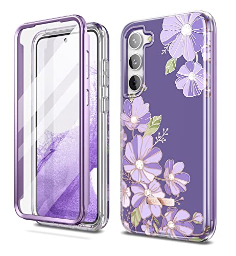 SURITCH Kompatibel mit Samsung Galaxy S23 Plus Hülle Blumenmuster Handyhülle mit Integriertem Displayschutz 360 Grad Komplettschutz Schutzhülle für Samsung Galaxy S23 Plus (Lila Kosmos) von SURITCH