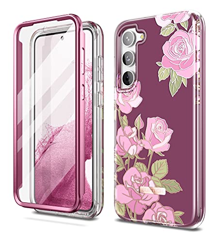 SURITCH Kompatibel mit Samsung Galaxy S23 Plus Hülle Blumenmuster Handyhülle mit Integriertem Displayschutz 360 Grad Komplettschutz Schutzhülle für Samsung Galaxy S23 Plus (Rose) von SURITCH