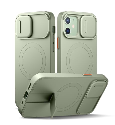SURITCH Magnetisch hülle Kompatibel mit iPhone 12/12 Pro, Stoßfest Handyhülle Kratzfest Schutzhülle mit Kameraabdeckung schieben und verstellbarem Kickstand(Khakigrün) von SURITCH