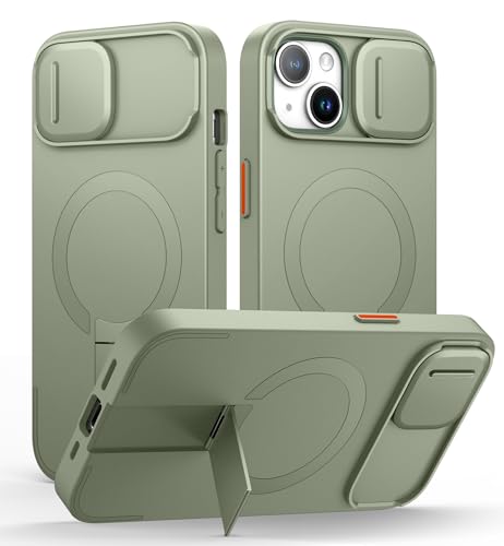 SURITCH Magnetisch hülle Kompatibel mit iPhone 13/14, Stoßfest Handyhülle Kratzfest Schutzhülle mit Kameraabdeckung schieben und verstellbarem Kickstand(Khakigrün) von SURITCH