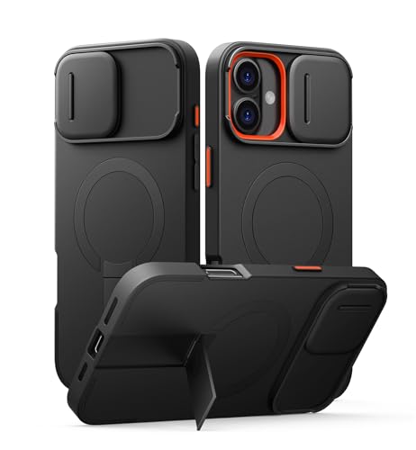 SURITCH Magnetisch hülle Kompatibel mit iPhone 16 Plus, Stoßfest Handyhülle Kratzfest Schutzhülle mit Kameraabdeckung schieben und verstellbarem Kickstand(schwarz) von SURITCH